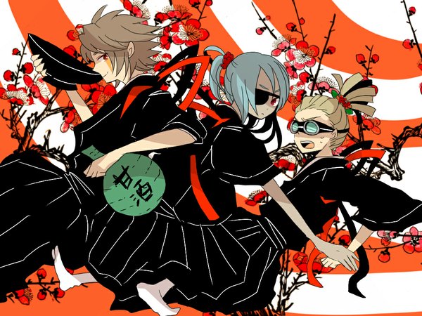 Anime picture 1024x768 with inazuma eleven sakuma jirou kidou yuuto genda koujirou looking at viewer short hair open mouth smile red eyes brown hair japanese clothes profile aqua hair multiple boys wallpaper group boy eyepatch goggles peaked cap