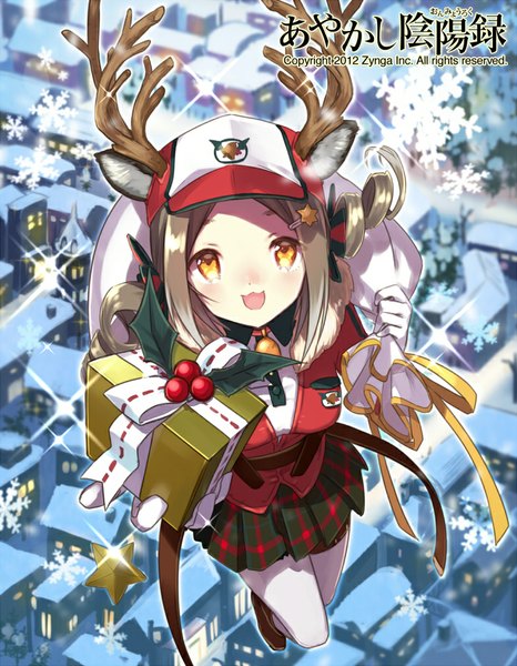 Anime picture 784x1008 with original miyoshino long hair tall image looking at viewer blush open mouth animal ears horn (horns) grey hair sparkle orange eyes tears drill hair christmas winter snow shiny midair girl