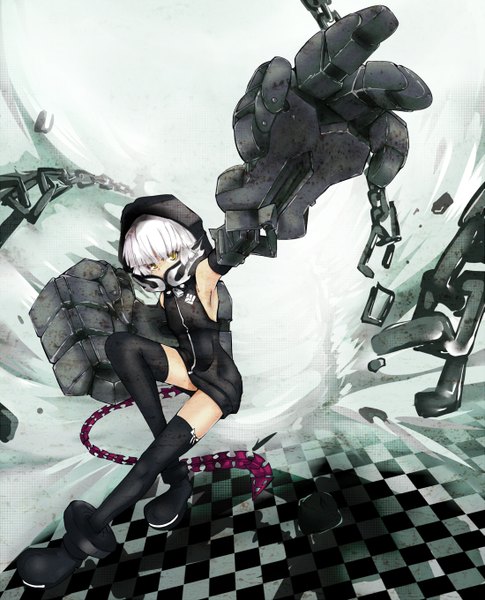Anime picture 1099x1360 with black rock shooter strength (black rock shooter) ku-ba single tall image short hair yellow eyes white hair outstretched arm demon tail checkered floor destruction girl thighhighs black thighhighs hood chain fist