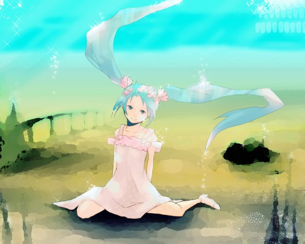 Anime picture 1280x1024 with vocaloid hatsune miku single looking at viewer blue eyes smile sitting twintails bare shoulders payot sky full body ahoge outdoors very long hair hair flower aqua hair sleeveless wariza hands behind back