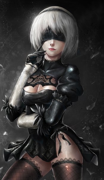 Anime picture 2247x3856 with nier nier:automata yorha no. 2 type b hanyi zhang single tall image highres short hair light erotic simple background standing cleavage white hair light smile lips realistic mole puffy sleeves lipstick cleavage cutout