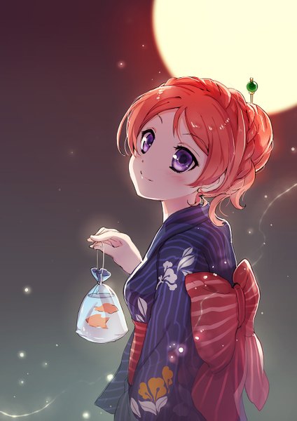 Anime picture 1000x1415 with love live! school idol project sunrise (studio) love live! nishikino maki sibyl single tall image looking at viewer blush short hair smile purple eyes red hair traditional clothes japanese clothes night night sky girl hair ornament water