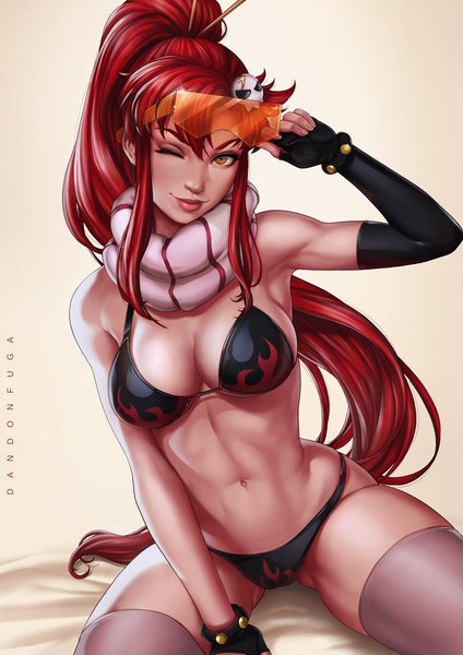 Anime picture 630x891 with tengen toppa gurren lagann gainax yoko littner dandon fuga single long hair tall image fringe breasts light erotic simple background sitting signed ponytail red hair one eye closed light smile lips wink realistic