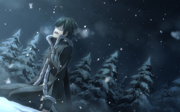 Anime picture 1920x1200 with sword art online a-1 pictures kirigaya kazuto single highres short hair open mouth black hair wide image sitting night sky snowing winter snow exhalation boy tree (trees) cloak sheath forest