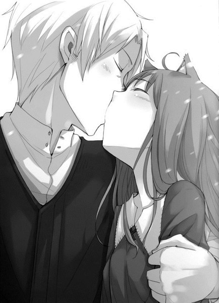 Anime picture 609x842 with spice and wolf horo craft lawrence ayakura juu long hair tall image blush short hair simple background white background animal ears ahoge white hair eyes closed grey hair official art couple hug monochrome kiss
