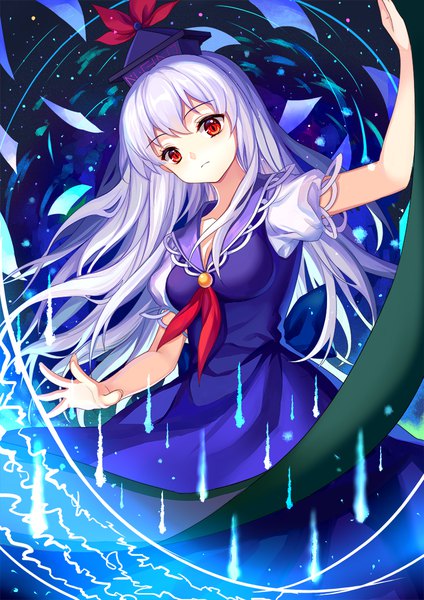 Anime picture 800x1131 with touhou kamishirasawa keine mirror (xilu4) single long hair tall image fringe red eyes silver hair from below puffy sleeves outstretched arm girl dress hat