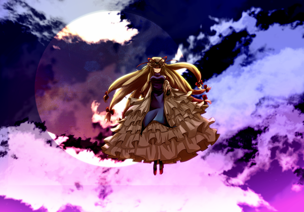 Anime picture 2000x1400 with touhou yakumo yukari long hair highres blonde hair red eyes sky cloud (clouds) girl dress ribbon (ribbons) hat moon aoi (pixiv240943)