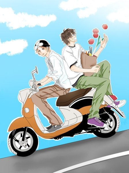 Anime picture 1222x1639 with kimi to boku j.c. staff tagme (character) tall image short hair blonde hair brown hair sitting sky cloud (clouds) profile black eyes multiple boys orange eyes back to back twisty sleeves boy 2 boys goggles helmet