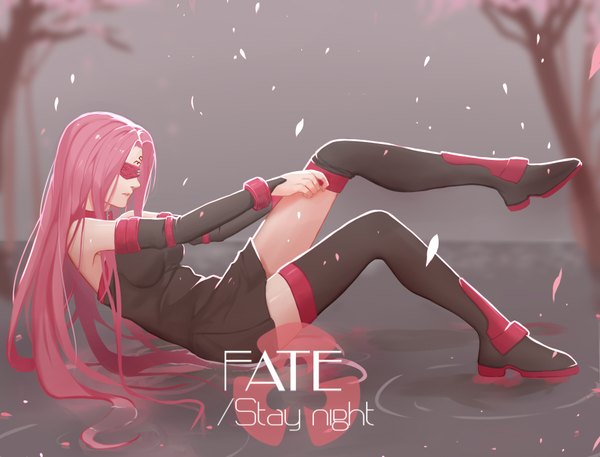 Anime picture 1800x1372 with fate (series) fate/stay night type-moon rider mizu (dl7613) single long hair highres breasts bare shoulders pink hair bent knee (knees) long sleeves zettai ryouiki copyright name cherry blossoms facial mark leg lift (legs lift) adjusting clothes girl