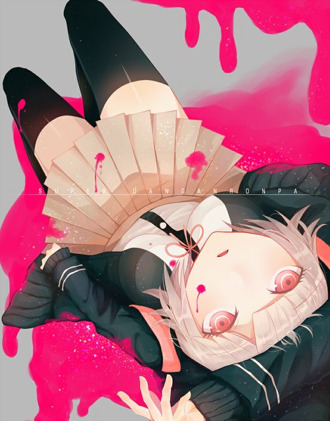 Anime picture 850x1083 with dangan ronpa super dangan ronpa 2 nanami chiaki gentiannn single tall image looking at viewer fringe short hair breasts pink hair pink eyes from above zettai ryouiki looking up girl thighhighs skirt bow black thighhighs