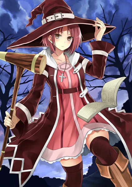 Anime picture 707x1000 with original kuhotaka single tall image blush short hair brown eyes pink hair witch girl thighhighs dress black thighhighs plant (plants) tree (trees) book (books) witch hat