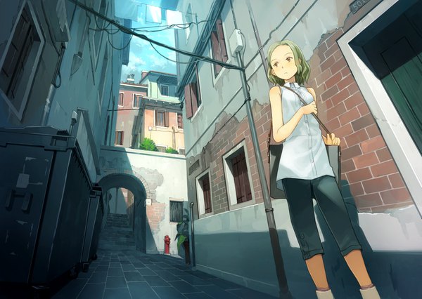 Anime picture 1687x1200 with original yoshida seiji single short hair blonde hair brown eyes looking away shadow from below sleeveless city architecture foreshortening alley perspective girl shorts building (buildings) bag stairs