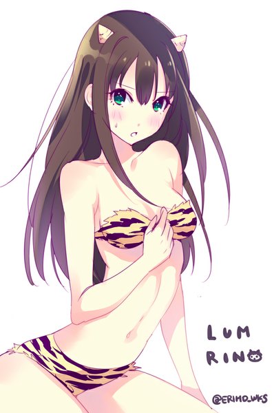 Anime picture 600x911 with idolmaster idolmaster cinderella girls urusei yatsura shibuya rin nishimura eri single long hair tall image fringe light erotic simple background brown hair white background green eyes signed parted lips bare belly midriff character names cosplay