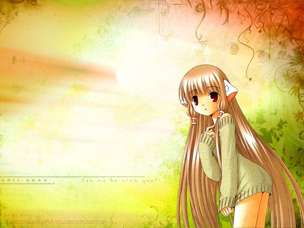 Anime picture 1600x1200 with chobits chii single looking at viewer fringe blonde hair standing bare shoulders brown eyes payot long sleeves very long hair sunlight character names turning head dated sleeves past wrists zoom layer sweater tug girl