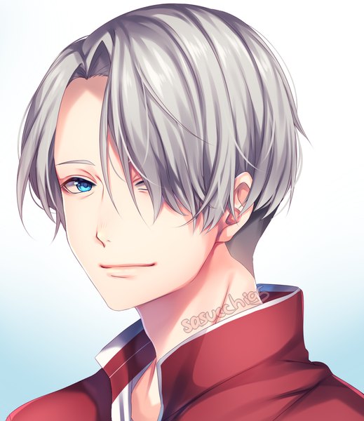 Anime picture 1157x1337 with yuri!!! on ice mappa viktor nikiforov sasucchi95 single tall image looking at viewer fringe short hair blue eyes simple background white background signed silver hair hair over one eye portrait boy