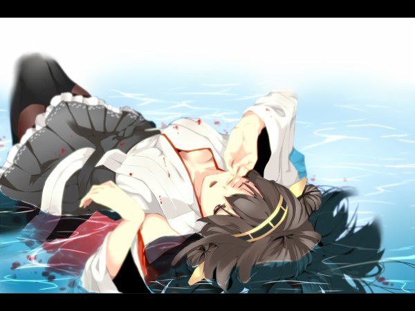 Anime picture 1199x900 with kantai collection kongou battleship inami haruka single short hair open mouth black hair brown eyes one eye closed wink nontraditional miko girl dress pantyhose water hairband blood