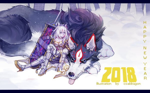 Anime picture 1949x1205 with original longyu long hair highres blue eyes wide image sitting animal ears looking away cleavage silver hair full body high heels letterboxed slit pupils new year happy new year 2018 girl weapon