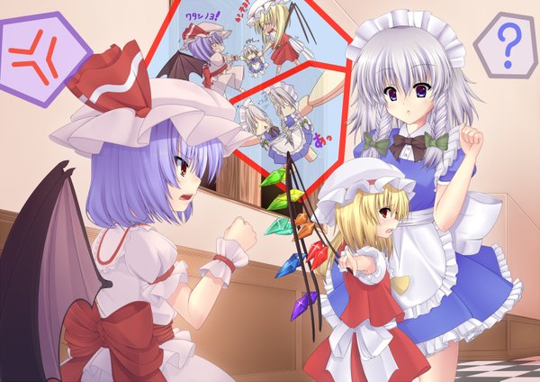 Anime picture 1600x1131 with touhou flandre scarlet remilia scarlet izayoi sakuya ishibashi (artist) short hair blue eyes blonde hair red eyes multiple girls blue hair white hair maid girl dress skirt wings headdress maid headdress 3 girls