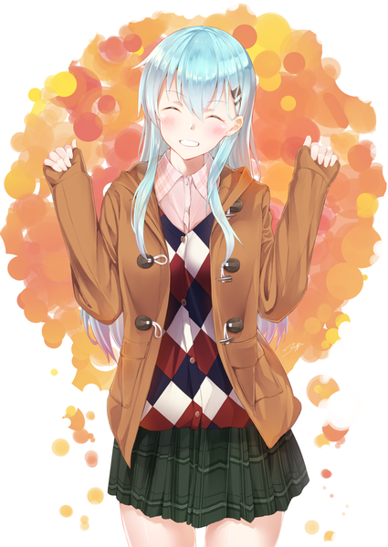 Anime picture 1505x2125 with kantai collection suzuya heavy cruiser yukai nao single long hair tall image blush fringe standing payot eyes closed head tilt pleated skirt light smile aqua hair open clothes arms up teeth alternate costume sleeves past wrists