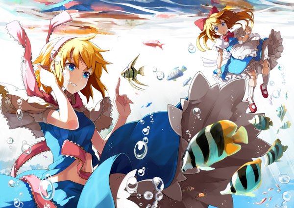 Anime picture 1291x918 with touhou alice margatroid emerane short hair blue eyes blonde hair looking away underwater girl dress bow hair bow socks frills hairband white socks bubble (bubbles) fish (fishes) doll (dolls)