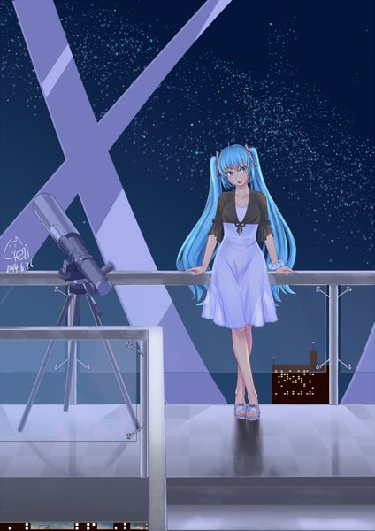 Anime picture 1500x2120 with vocaloid hatsune miku dongqing zaozigao single long hair tall image looking at viewer open mouth twintails aqua eyes aqua hair night girl dress hair ornament star (stars) sundress telescope