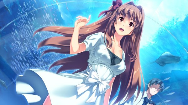 Anime picture 1024x576 with d-eve in you akatsuki shion long hair open mouth brown hair wide image brown eyes game cg girl dress