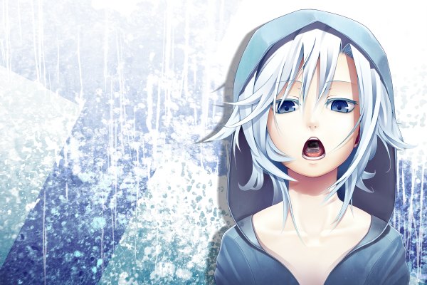 Anime picture 1200x800 with master-kouhei single looking at viewer short hair open mouth blue eyes blue hair shadow tongue hood