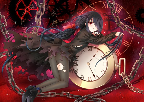 Anime picture 1000x707 with date a live tokisaki kurumi kokutou mimi single long hair looking at viewer blush fringe black hair red eyes hair over one eye girl dress bow hair bow pantyhose black pantyhose chain gears