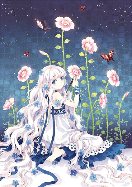 Anime picture 600x849 with original pixiv pixiv-tan tearfish single tall image fringe highres blue eyes sitting pink hair very long hair looking back barefoot hair flower wavy hair drawing girl dress flower (flowers)