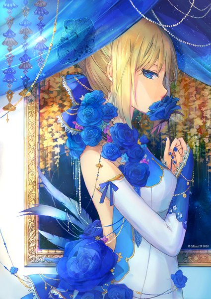 Anime picture 708x1000 with fate (series) fate/stay night artoria pendragon (all) saber mimi n (futarinokizuna) single tall image fringe breasts blue eyes blonde hair standing holding looking away indoors nail polish profile hair flower fingernails looking down
