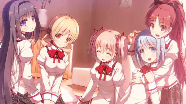 Anime picture 1280x721 with mahou shoujo madoka magica shaft (studio) akemi homura kaname madoka sakura kyouko miki sayaka tomoe mami siva (executor) long hair blush short hair open mouth blue eyes black hair blonde hair red eyes wide image twintails purple eyes multiple girls