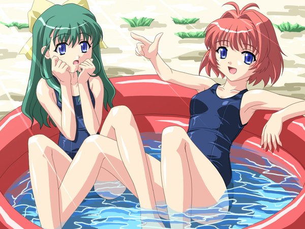 Anime picture 1024x768 with onegai twins onodera karen miyafuji miina red hair swimsuit one-piece swimsuit school swimsuit pool wading pool