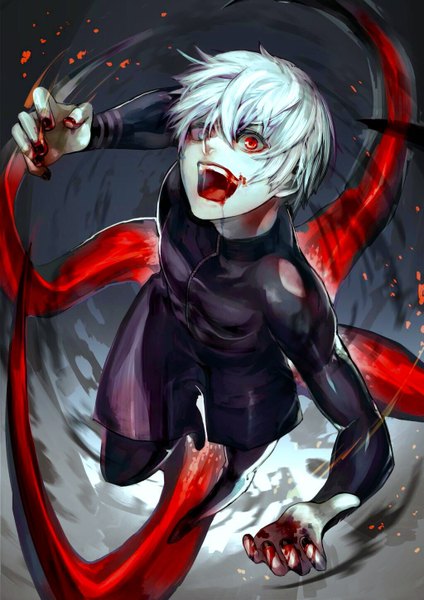 Anime picture 1024x1449 with tokyo ghoul studio pierrot kaneki ken niwakamarupaka single tall image fringe short hair open mouth bent knee (knees) white hair fingernails teeth heterochromia saliva muscle crazy boy tongue blood