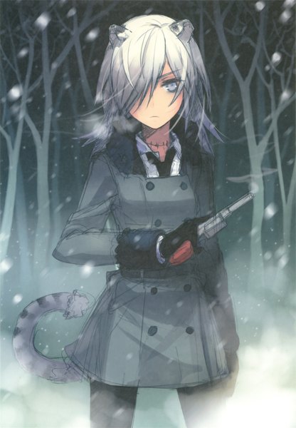 Anime picture 2679x3862 with h2so4 single tall image looking at viewer fringe highres short hair standing animal ears tail animal tail grey hair cat ears hair over one eye cat tail grey eyes snowing winter smoke snow