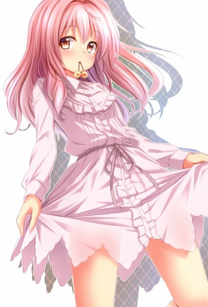 Anime picture 542x800 with touhou motoori kosuzu sui. (ayase) single long hair tall image looking at viewer blush red eyes pink hair shadow alternate hairstyle hair down girl dress bell jingle bell