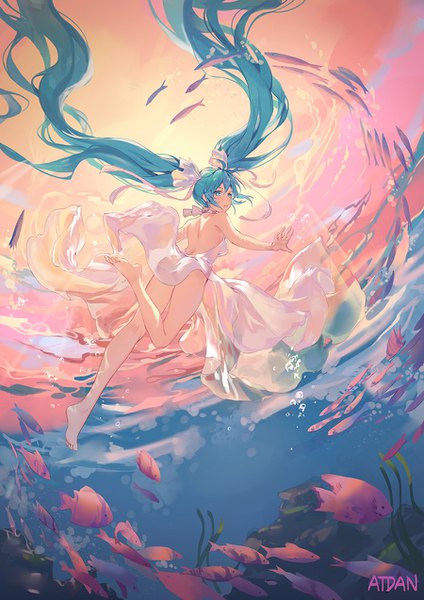 Anime picture 900x1273 with vocaloid hatsune miku atdan single tall image looking at viewer fringe light erotic hair between eyes twintails bare shoulders signed bent knee (knees) very long hair looking back barefoot aqua eyes from behind sunlight aqua hair