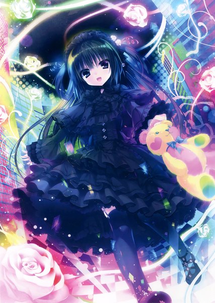 Anime picture 2347x3300 with original eshi 100-nin ten rubi-sama single long hair tall image looking at viewer highres open mouth black hair black eyes scan official art lolita fashion goth-loli girl thighhighs dress flower (flowers) black thighhighs