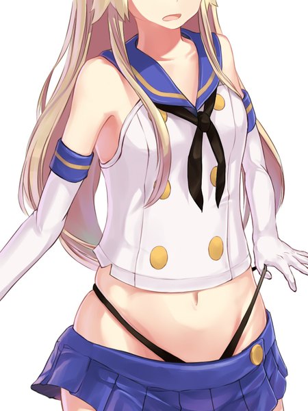 Anime picture 1200x1600 with kantai collection shimakaze destroyer takeichi yui single long hair tall image breasts open mouth light erotic simple background blonde hair white background bare shoulders payot pleated skirt midriff flat chest panty pull head out of frame girl
