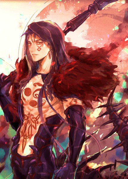Anime picture 600x840 with fate (series) fate/grand order cu chulainn alter (fate/grand order) saryo single long hair tall image looking at viewer red eyes purple hair parted lips tattoo boy gloves weapon earrings elbow gloves fur