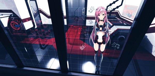 Anime picture 900x443 with elfen lied arms corporation lucy sydus ducentia single long hair looking at viewer fringe light erotic smile wide image standing purple eyes pink hair indoors horn (horns) bare belly against glass footprints girl