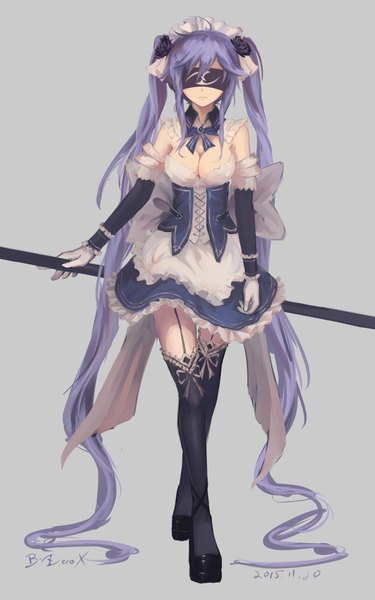 Anime picture 1250x2000 with original bzerox single tall image simple background twintails cleavage purple hair eyes closed very long hair blindfold girl thighhighs dress black thighhighs detached sleeves