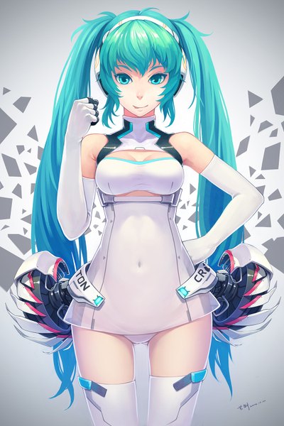 Anime picture 1000x1500 with vocaloid goodsmile racing hatsune miku racing miku tyc001x single long hair tall image breasts light erotic smile standing twintails aqua eyes aqua hair hand on hip covered navel ass visible through thighs eyebrows girl