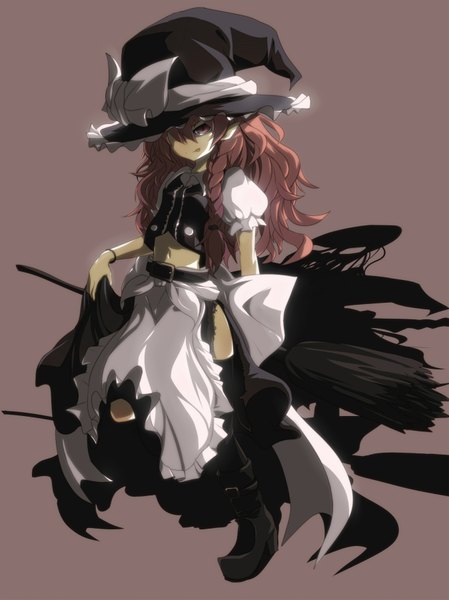 Anime picture 1347x1800 with touhou kirisame marisa ogipote single tall image fringe simple background braid (braids) hair over one eye witch girl skirt navel bow hat apron witch hat skirt set broom