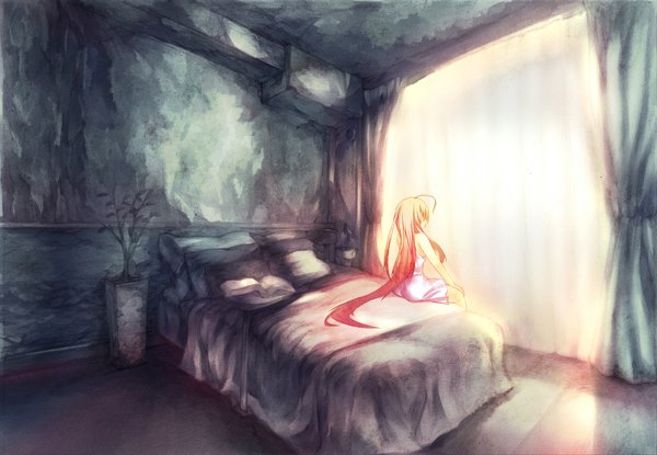 Anime picture 1700x1178 with original mamuru single highres blonde hair sitting red hair multicolored hair from behind gradient hair girl bed pajamas