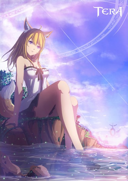 Anime picture 1000x1414 with tera online elin (tera) tenko long hair tall image fringe blonde hair sitting purple eyes bare shoulders sky cloud (clouds) bent knee (knees) head tilt barefoot bare legs fox ears fox tail fox girl pantyshot sitting