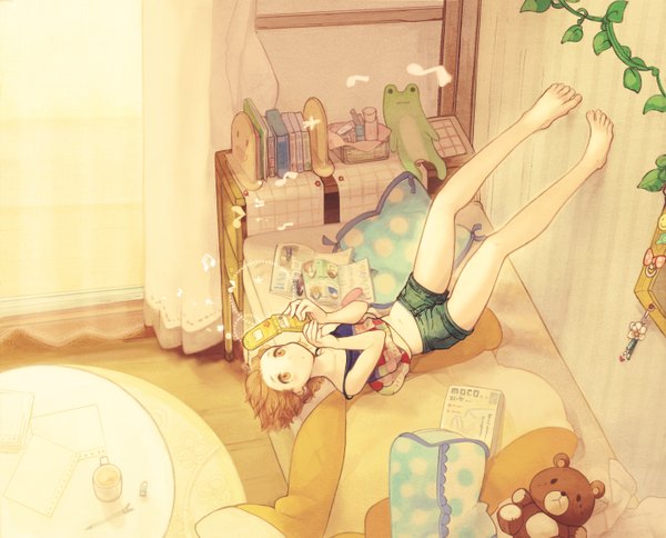 Anime picture 1400x1130 with 372 (artist) short hair brown hair brown eyes barefoot music girl plant (plants) pillow book (books) bed toy stuffed animal table paper teddy bear phone frog