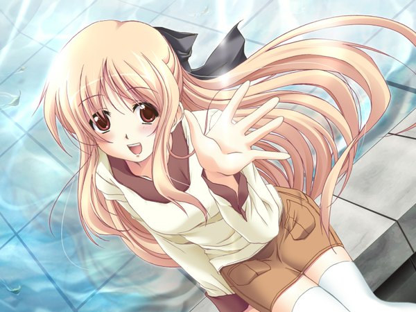 Anime picture 1600x1200 with long hair blonde hair brown eyes half updo thighhighs bow hair bow white thighhighs water