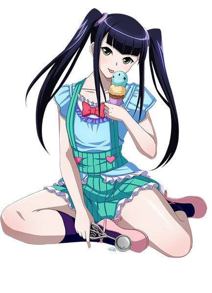 Anime picture 600x831 with ikkitousen saji genpou (true) single long hair tall image looking at viewer blush simple background white background twintails green eyes blue hair girl socks food sweets tongue black socks ice cream