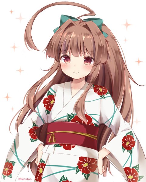 Anime picture 970x1213 with kantai collection kuma light cruiser masayo (gin no ame) single long hair tall image blush fringe simple background smile red eyes brown hair white background signed payot looking away ahoge blunt bangs traditional clothes japanese clothes