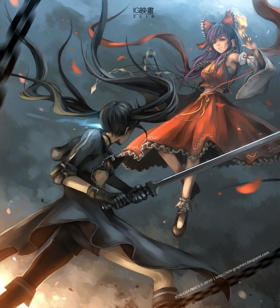 Anime picture 1000x1101 with black rock shooter touhou hakurei reimu black rock shooter (character) jianran pan long hair tall image fringe black hair red eyes twintails multiple girls sky purple hair very long hair traditional clothes back glowing glowing eye (eyes) fighting stance